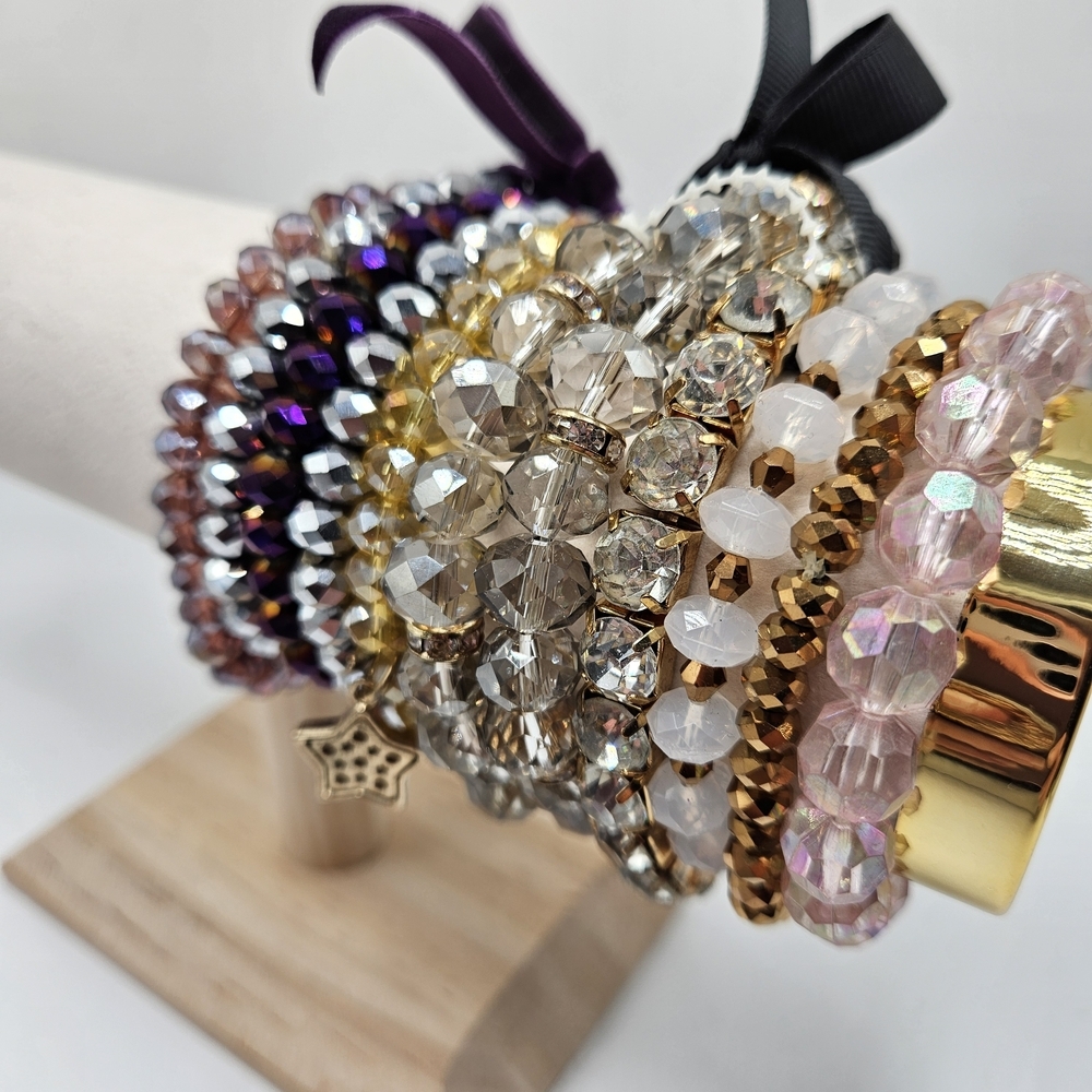 NEW VINTAGE Mixed Color Faceted Glass Beaded Stretch Bracelet Lot of 11